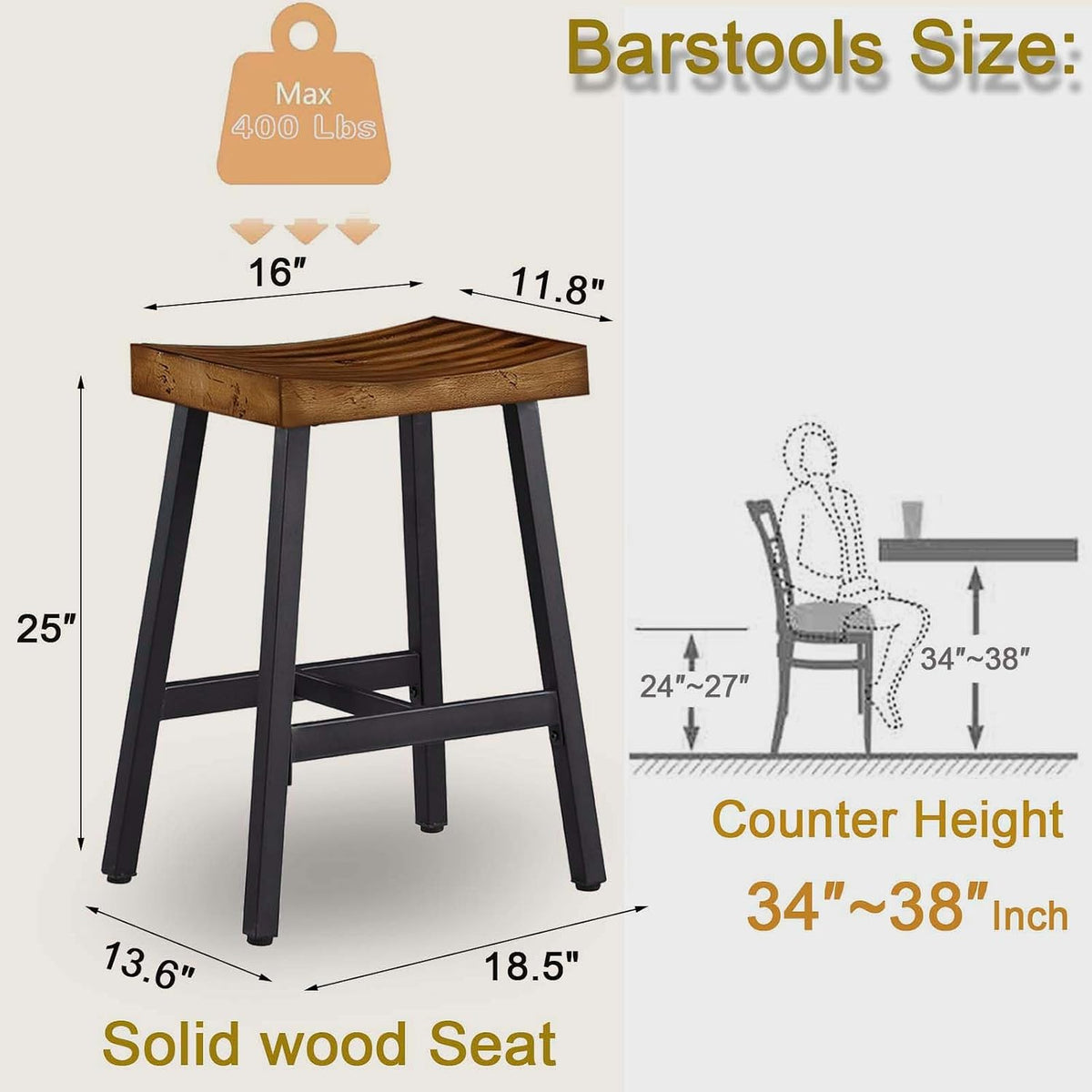 Industrial Wood Metal Counter Bar Stools Set