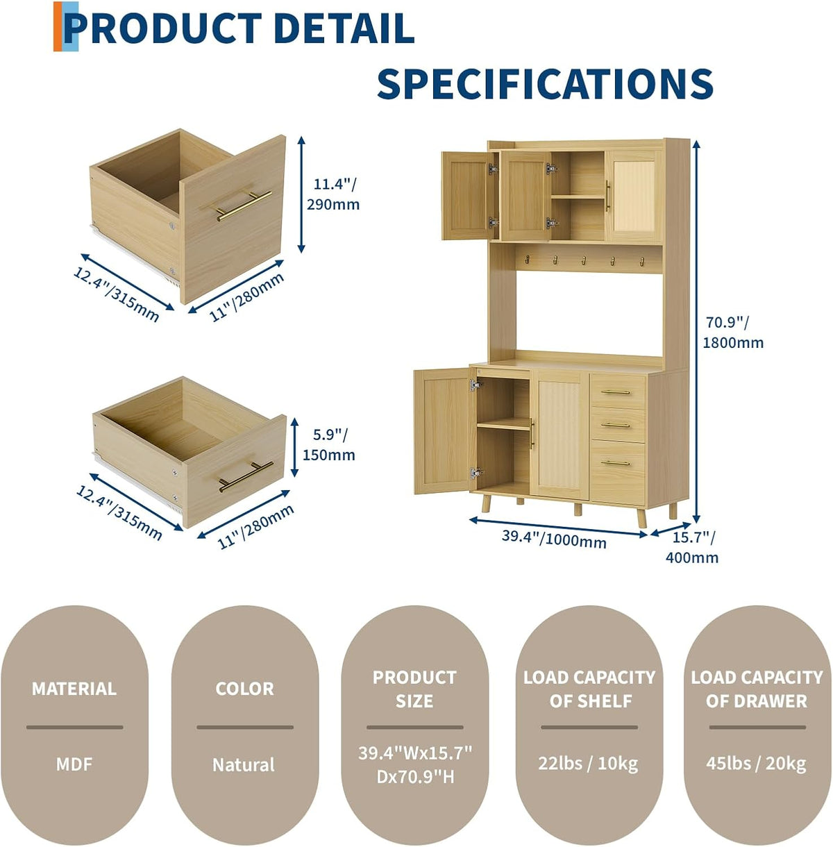 Tall Rattan‑Door Kitchen Pantry Storage Cabinet