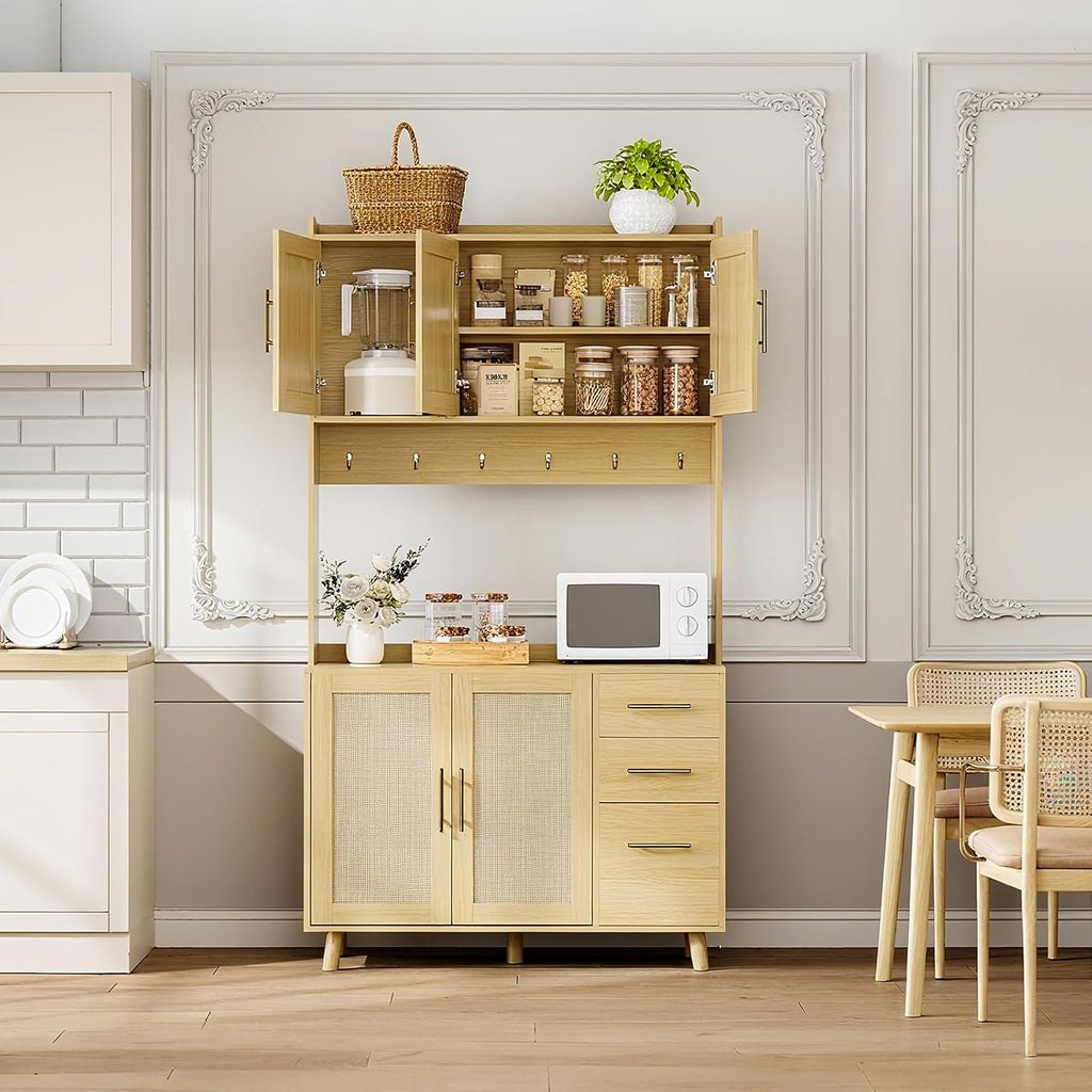 Tall Rattan‑Door Kitchen Pantry Storage Cabinet