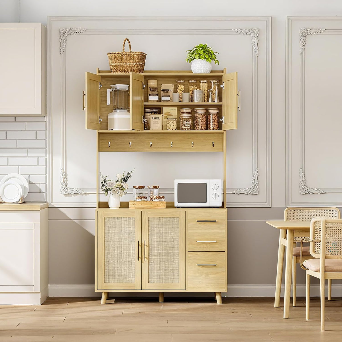 Tall Rattan‑Door Kitchen Pantry Storage Cabinet