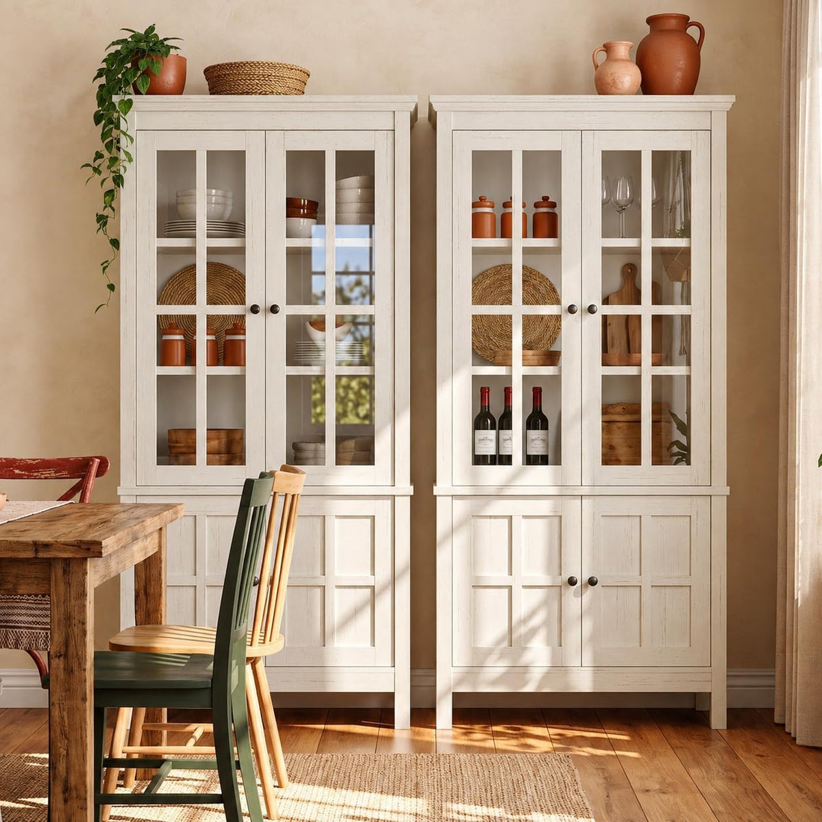 Rustic Glass‑Door Kitchen Pantry Cabinet