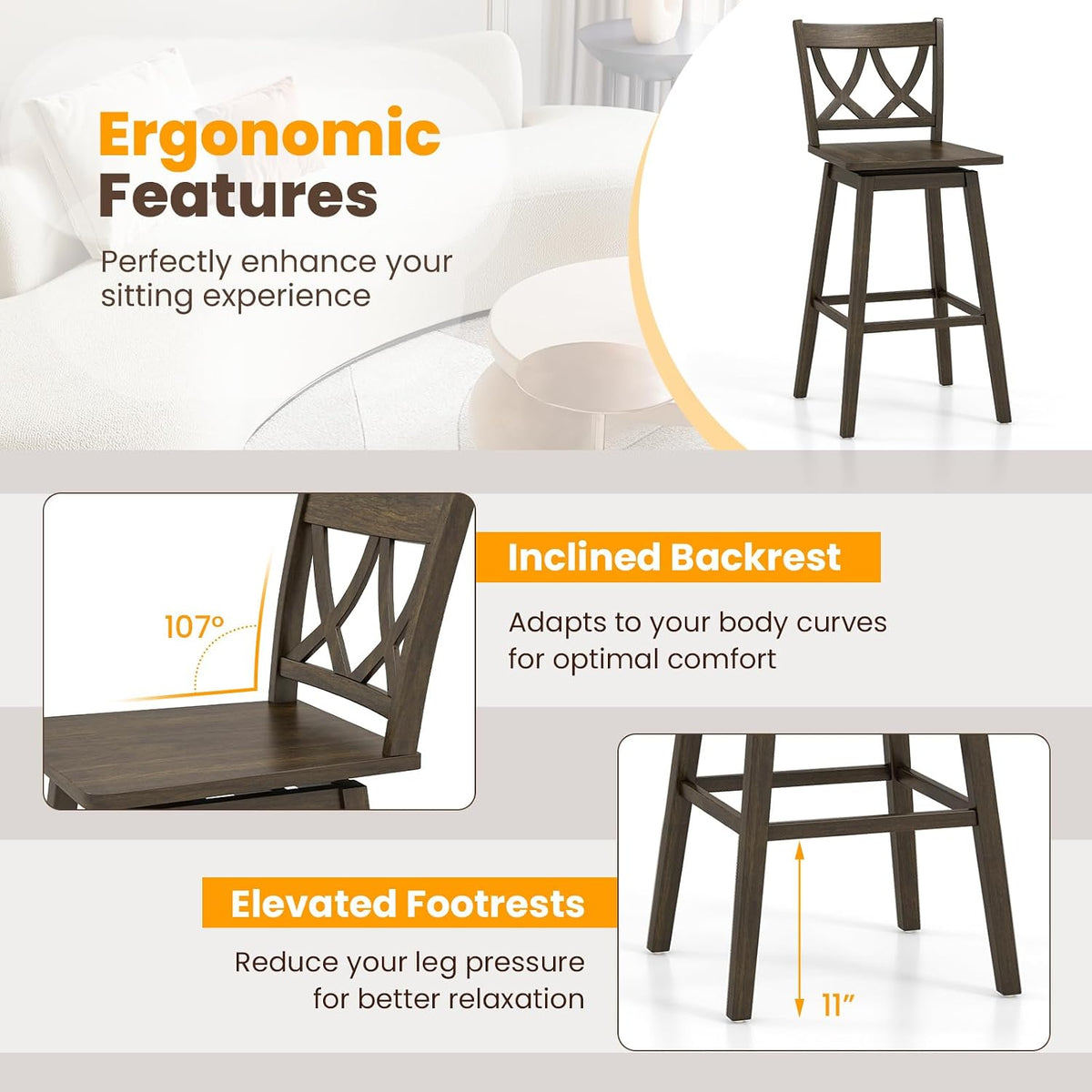 Swivel Wooden Backrest Bar Stools Set
