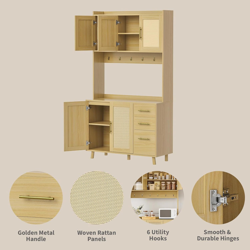Tall Rattan‑Door Kitchen Pantry Storage Cabinet