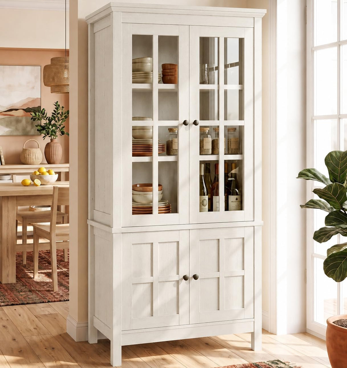 Rustic Glass‑Door Kitchen Pantry Cabinet