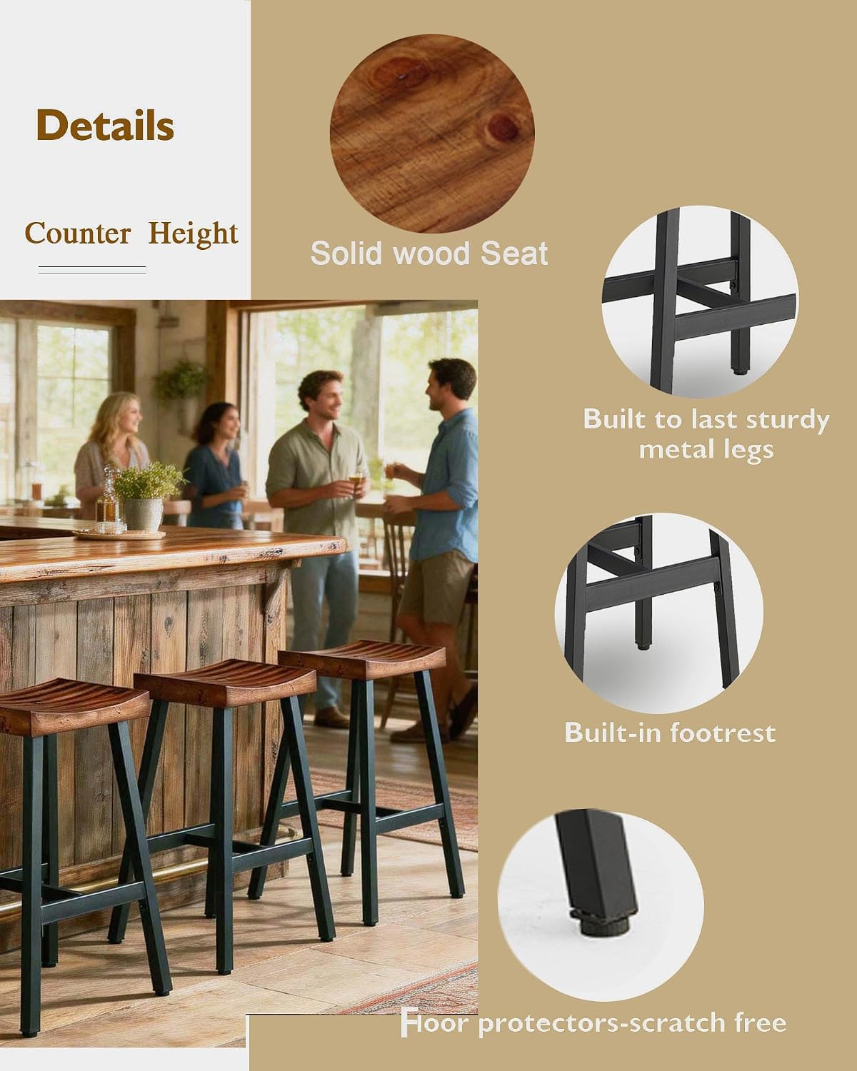 Industrial Wood Metal Counter Bar Stools Set