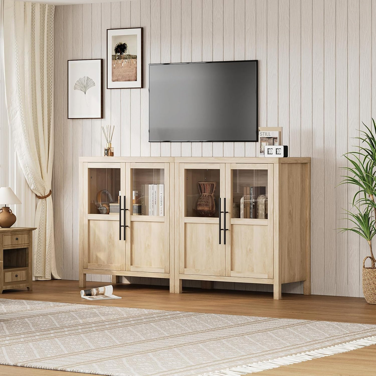 Wood Glass‑Door Storage Sideboard Buffet Cabinet