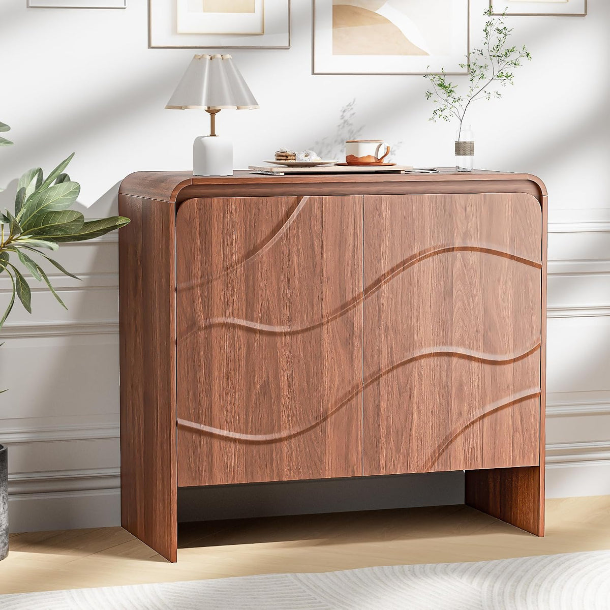 Modern Fluted Walnut Storage Sideboard Cabinet