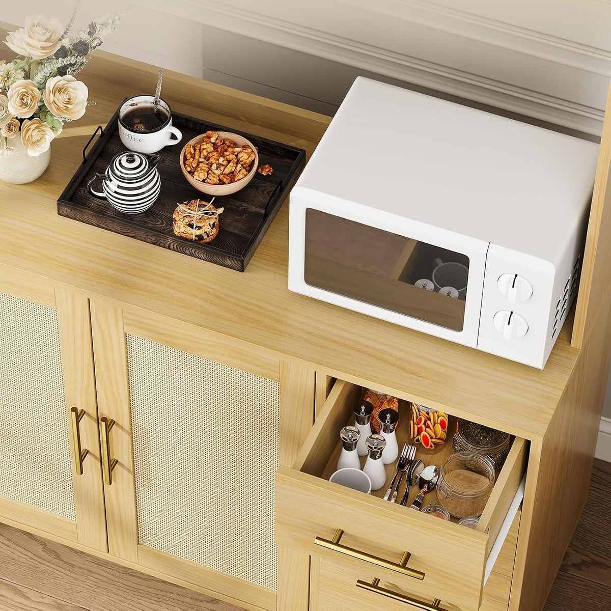 Tall Rattan‑Door Kitchen Pantry Storage Cabinet