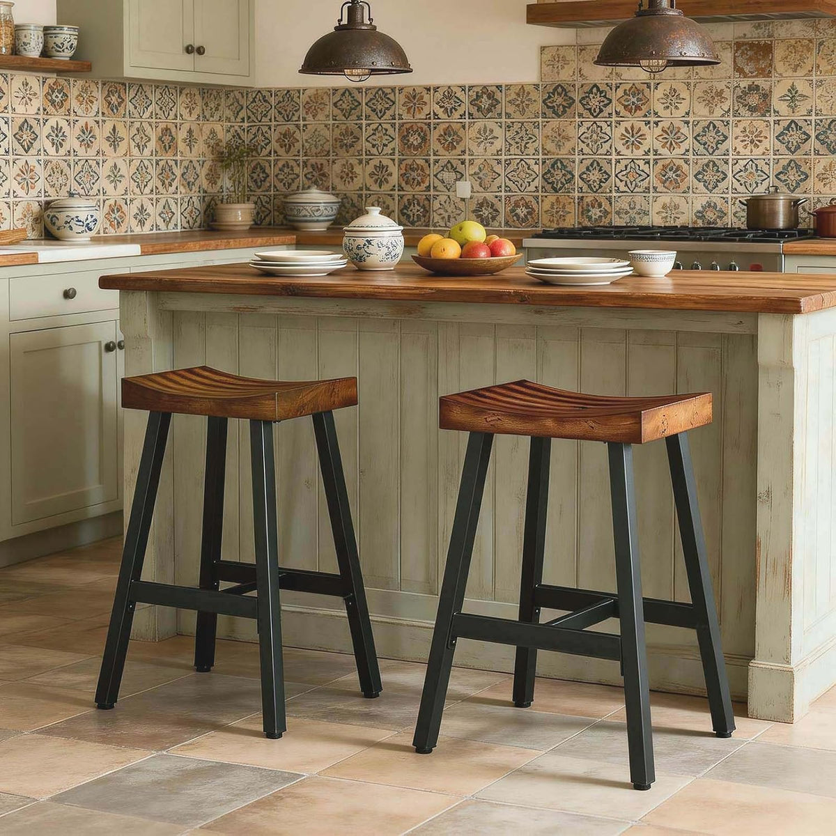 Industrial Wood Metal Counter Bar Stools Set