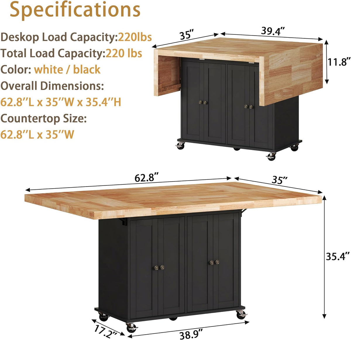Rolling Kitchen Island With Drop‑Leaf Countertop