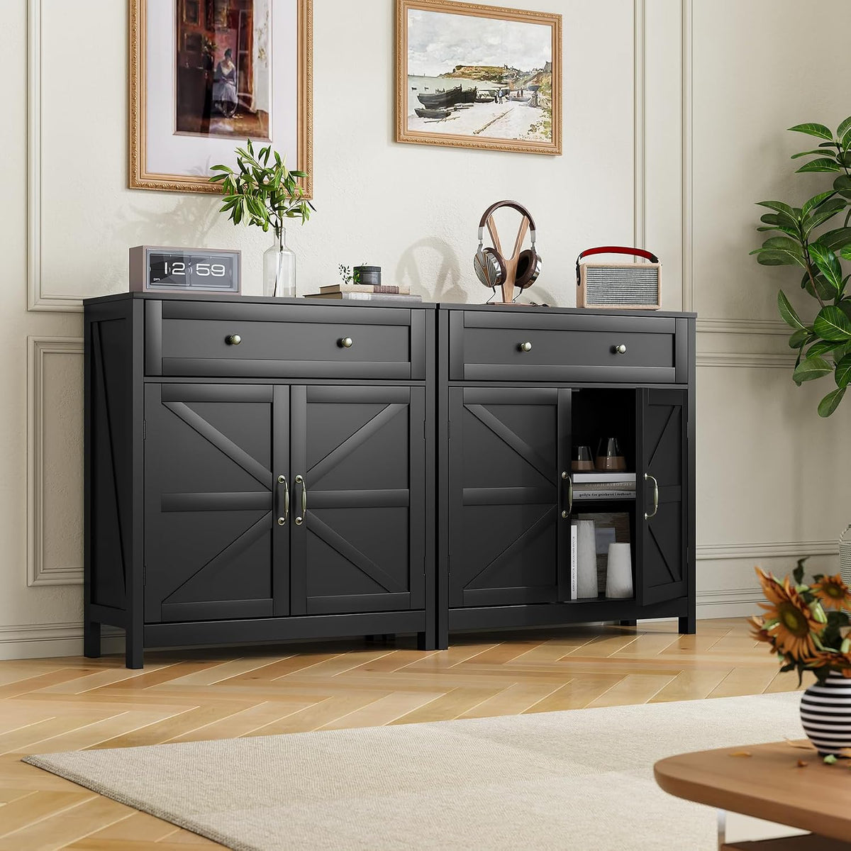 Wooden Storage Barn‑Door Sideboard Cabinet