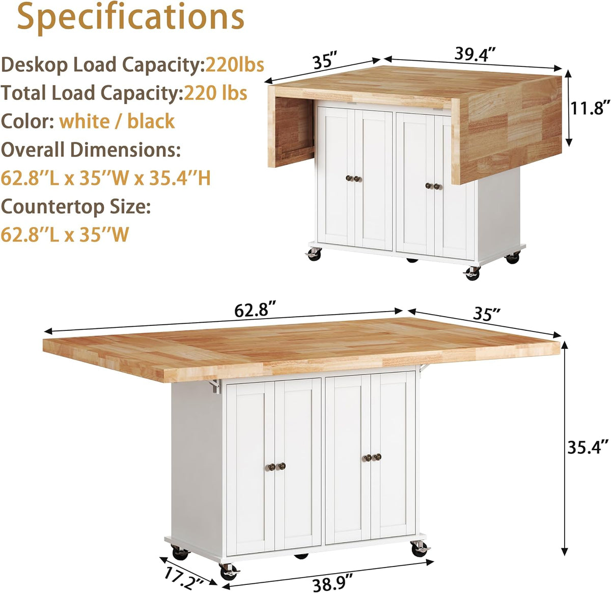 Rolling Kitchen Island With Drop‑Leaf Countertop