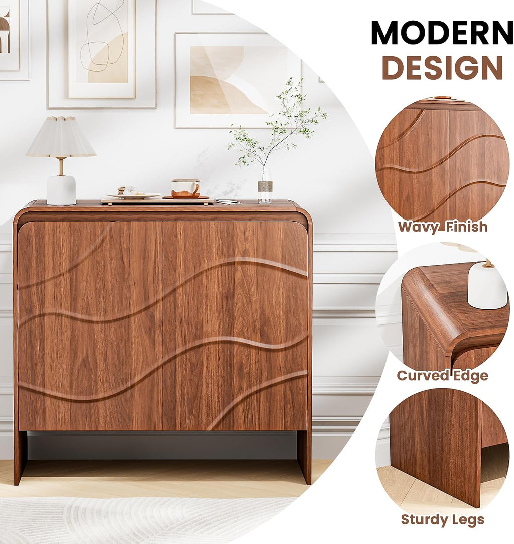 Modern Fluted Walnut Storage Sideboard Cabinet