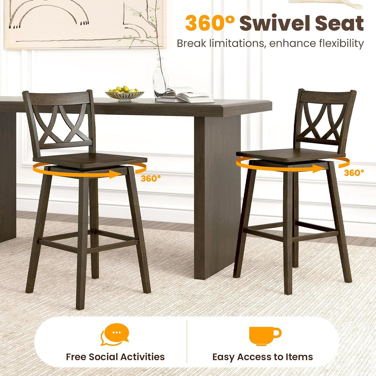 Swivel Wooden Backrest Bar Stools Set